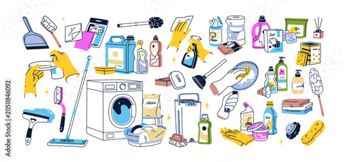 Housekeeping supplies and clean products set. Housework tools, cleaning and w...