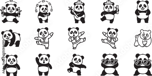 Collection of cartoon panda bear icons in various poses and actions illustration