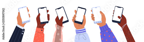 Hands holding blank empty smart phone screens, set. People arms showing smart...