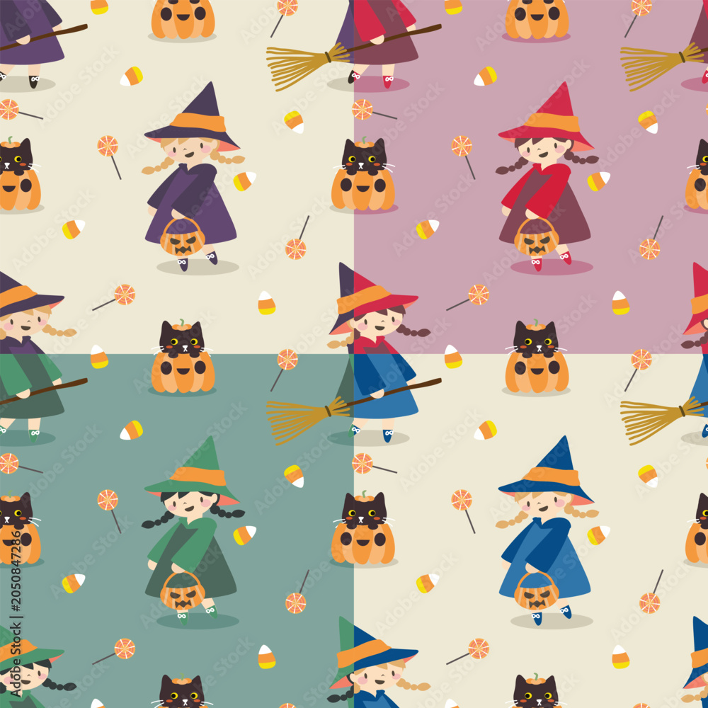Fototapeta premium Seamless pattern with cute halloween witches pumpkins and candy for festive design.