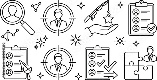 Obraz na płótnie Human resources recruitment and talent acquisition line art vector icons collect