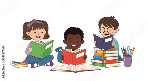 Three diverse happy children sitting on the floor and reading colorful books together in a library or classroom setting.