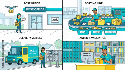 Foto Flat Vector Illustration of Postal Service Workflow: Post Office, Delivery Vehic