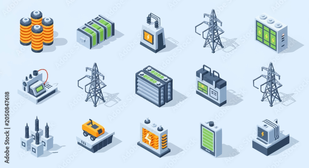 Fototapeta premium Collection of isometric icons representing various energy storage devices and power transmission equipment, including batteries, power lines, and charging stations.