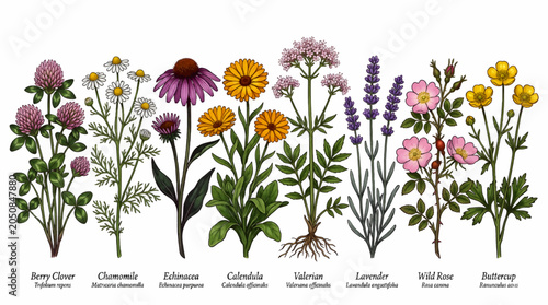 Foto Collection of Medicinal Wild Flowers and Herbs: Berry Clover, Chamomile, Echinac