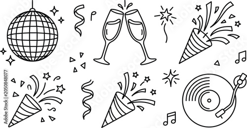 Photos New Year party celebration line art vector icons collection featuring disco ball