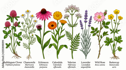 Canvas Print Collection of Medicinal Wild Flowers and Herbs: Clover, Chamomile, Echinacea, Ca