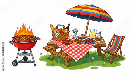 Cartoon Style Picnic Scene with Barbecue Grill, Picnic Table Laden with Food, Drinks, and Umbrella, Deck Chair on Grassy Lawn, Summer Outdoor Gathering