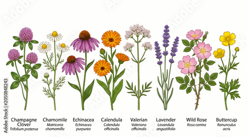 Foto Collection of Medicinal Wild Flowers: Clover, Chamomile, Echinacea, Calendula, V