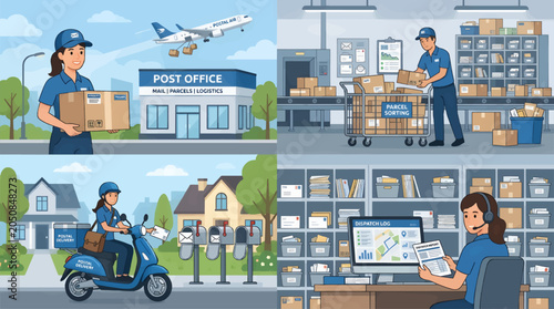 Quadro em tela Flat Vector Illustration of Postal Service Operations: Post office, parcel sorti