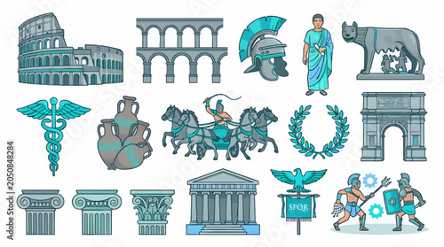 Flat Vector Illustration Set of Ancient Roman Icons: Colosseum, Aqueduct, Helmet, Toga Man, She-Wolf, Caduceus, Amphorae, Chariot, Laurel Wreath, Arch, SPQR Banner, Gladiators, Columns, Temple