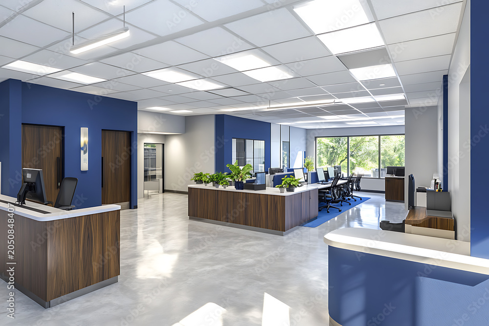 Fototapeta premium Modern open plan corporate office interior with blue walls and wood desks featuring bright led ceiling lighting and indoor potted green plants