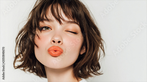 Beautiful Young Woman with Trendy Brown Bob Haircut Winking and Blowing a Kiss while Wearing Bright Orange Lipstick against a Clean White Background, Playful Portrait for Beauty and Fashion Concepts.