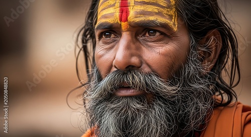 Portrait of an Indian Sadhu with Tilak and Beard looking in profile