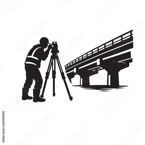 Construction Worker Surveying Bridge Structure With Theodolite For Civil Engineering Concepts