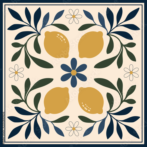 Mediterranean Lemon Floral Tile Illustration Decorative Ceramic Inspired Square Ornament In Traditional Sicilian Style