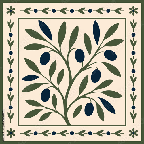 Mediterranean Olive Tree Tile Illustration Decorative Ceramic Inspired Square Ornament With Botanical Branches And Traditional Folk Design