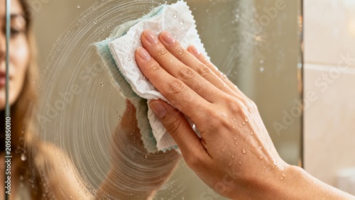 Woman hand cleaning mirror with wet cloth