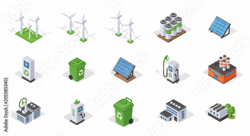Photography Collection of isometric icons representing renewable energy sources and sustainable technologies for a greener future
