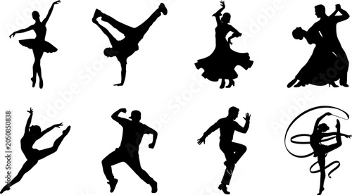 Schilderij op canvas Vector set of diverse dance silhouettes featuring ballet, hip-hop, ballroom, fla