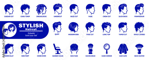 Stylish haircut icons set. Editable solid blue for male and female hairstyles, salon services, and barber shop.