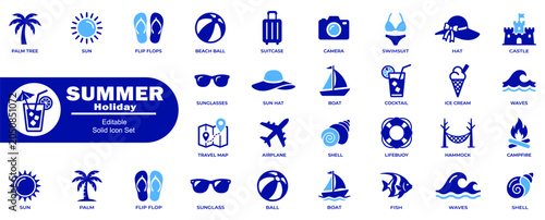 Summer holiday flat icons collection. Featuring travel business web interface design with palm tree sun, flip flops, beach balls, and more vectors.