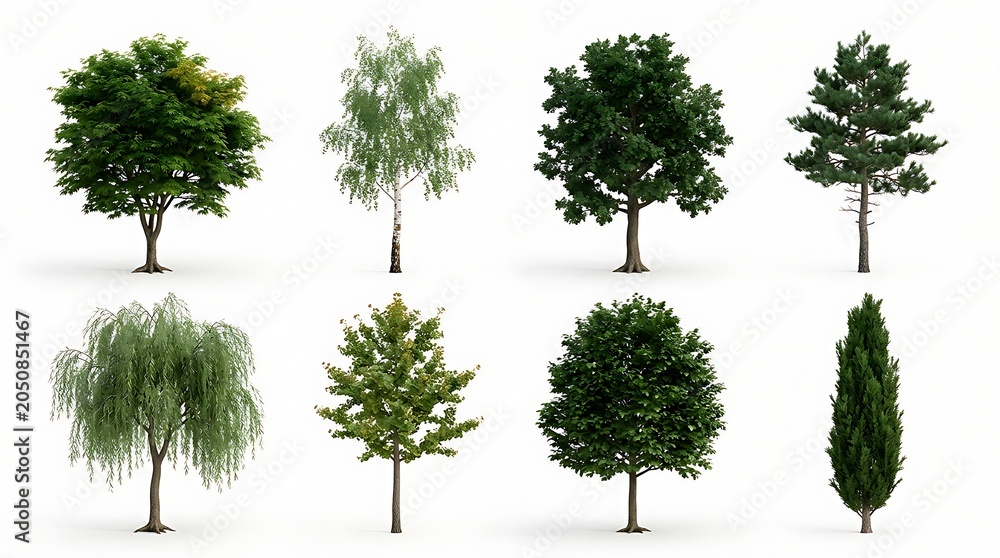 Fototapeta premium Collection of eight diverse realistic trees with lush green foliage isolated on a clean white background for landscape architecture design.