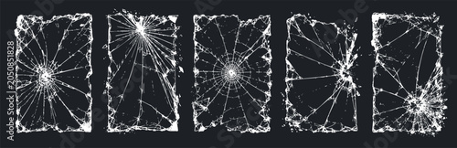 Konstfotografi Collection of realistic cracked glass screen overlays with various fracture patterns and shattered edges on a dark background