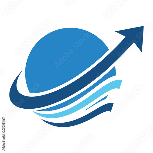 Konstfotografi Blue globe with arrow and swirling lines moving upwards in a dynamic motion icon