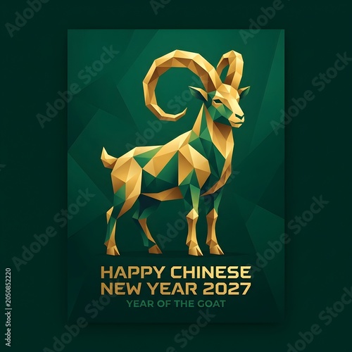 Happy Chinese New Year 2027 Poster Design with Low Poly Golden Goat Illustration on Dark Green Background