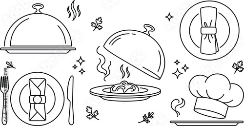 Bild auf Leinwand Restaurant fine dining service doodle vector set with food cloche platter table