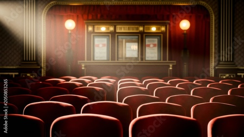 Empty luxury cinema theater with projector light beam and red velvet seats
