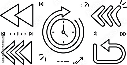 Photos Rewind backward arrows and media clock line art vector icons collection featurin