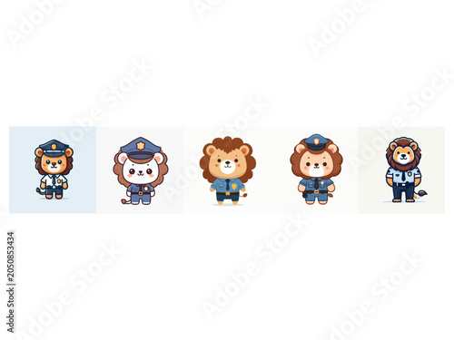 Cartoon Lions and Pandas in Uniforms, Playful Design, Cheerful Setting