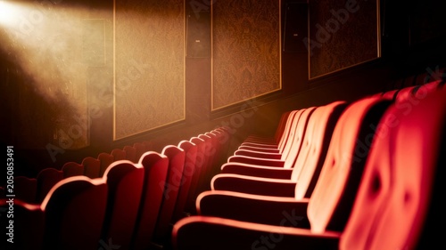 Empty luxury cinema theater with projector light beam and red velvet seats