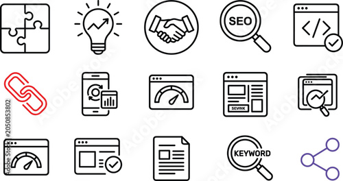 фотографія Search engine optimization SEO marketing line art vector icons collection featur