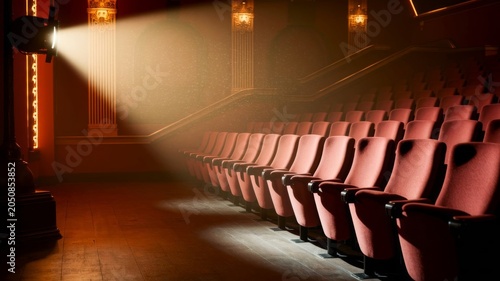 Empty luxury cinema theater with projector light beam and red velvet seats
