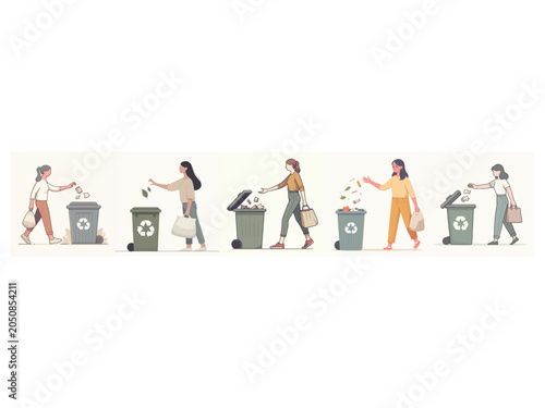 Women Sorting Waste in Urban Environment, Vector Illustration, Sustainability Concept