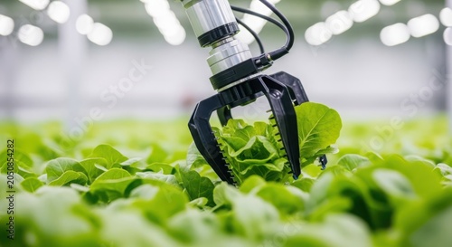 Robotic arm harvesting fresh lettuce in a modern automated greenhouse farm