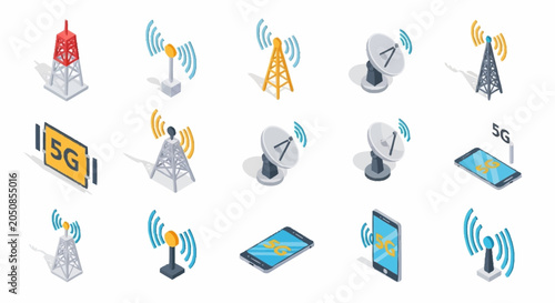 Fotografía Collection of isometric icons representing 5G technology, mobile communication, and wireless networks