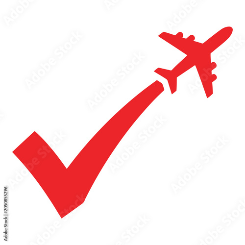 Vászonkép Red airplane flying up with checkmark takeoff success symbol icon