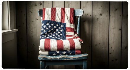 Folded american flag quilt on old blue chair against rustic wood plank wall.