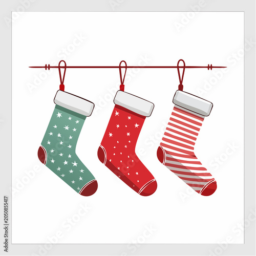 Three Christmas stockings hanging on a line