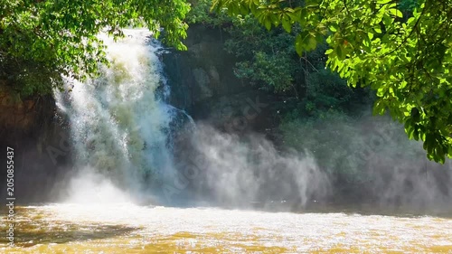 Close View of Waterfall Cascade with Mist in Tropical Rainforest After Rain