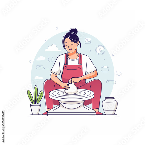Woman making pottery on a wheel with clay