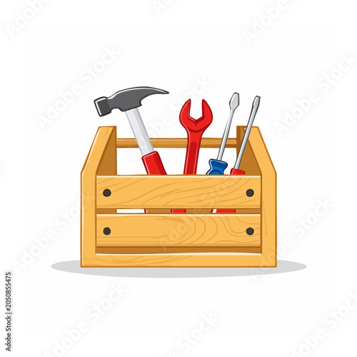 Wooden toolbox filled with tools