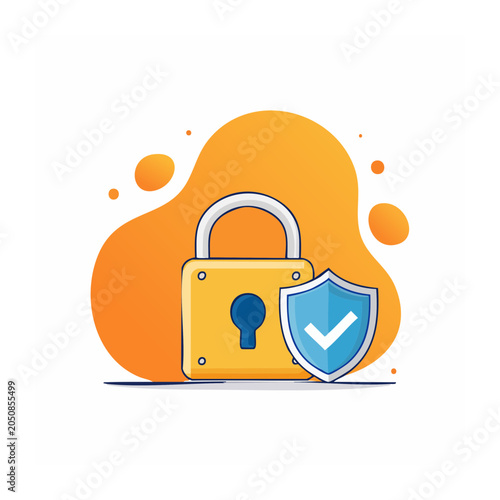 Yellow lock and blue shield with check mark, flat design