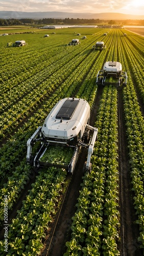 Autonomous agricultural robots with solar panels cultivating crops in a vast green field under a bright sky.