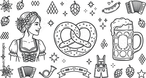 Tableau sur toile Traditional German Oktoberfest festival line art vector elements set featuring B
