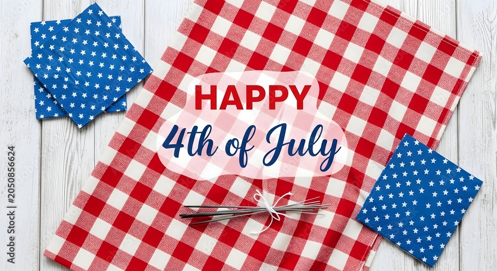 Obraz premium Happy 4th of July picnic theme with checkered tablecloth.